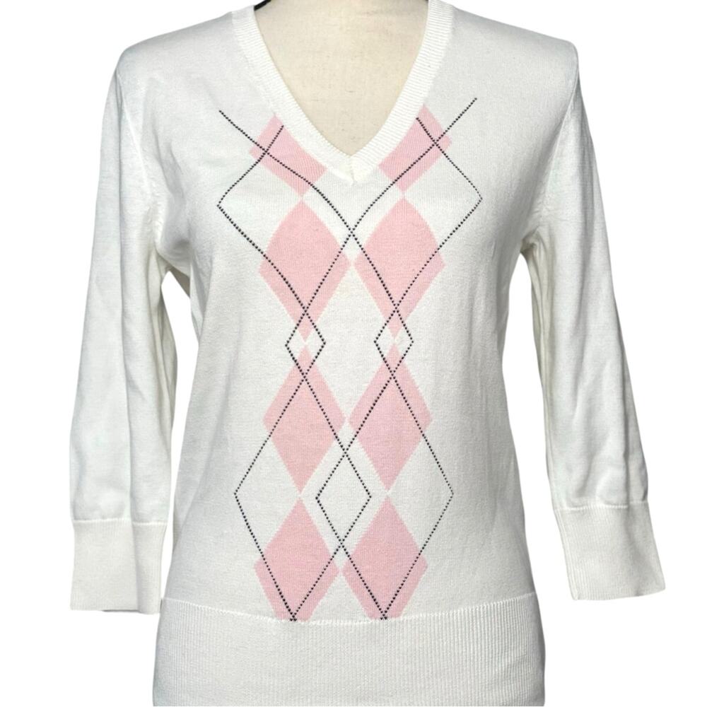 Sport Haley White Pink Argyle V-Neck Sweater Golf Women's Size Small NWT